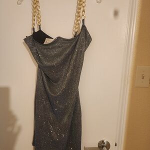Sparkling Strapless Dress with Gold Chain Straps
